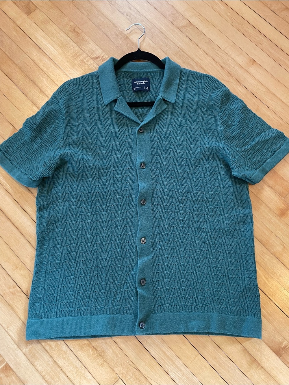 ABERCROMBIE & FITCH Men's Crochet Style Button Through Sweater Knit Polo Green
